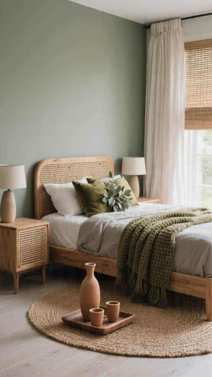Medium shot, soothing palette: smoky sage walls cradle a natural wood bed with rounded corners. Nightstands with rattan webbing fronts hold tapered ceramic lamps. Bed dressed in greige linen sheets, a thick mossy knit throw, and oversized eucalyptus velvet pillows. Woven Roman shades filter daylight; long soft ivory curtains puddle on the floor. A round jute rug layered with a flatweave anchors the space; on a tray sits a clay carafe with matching tumblers. Photorealistic, soft morning light highlighting textures.