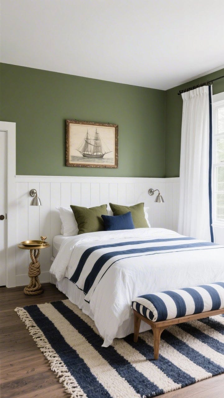Medium shot, straight-on nautical refinement: Olive walls setting a modern tone, matte white paneled wood bed, layered white sheets with a crisp navy-striped coverlet, olive and navy pillows tying the palette, white curtains with subtle navy tape trim framing the window, polished nickel swing-arm sconces on each side, rope knot doorstop and brass tray on a nightstand, striped bolster at the foot, flatweave navy-and-cream rug anchoring the floor, a vintage ship print in an antique frame above; clear, tailored daylight.