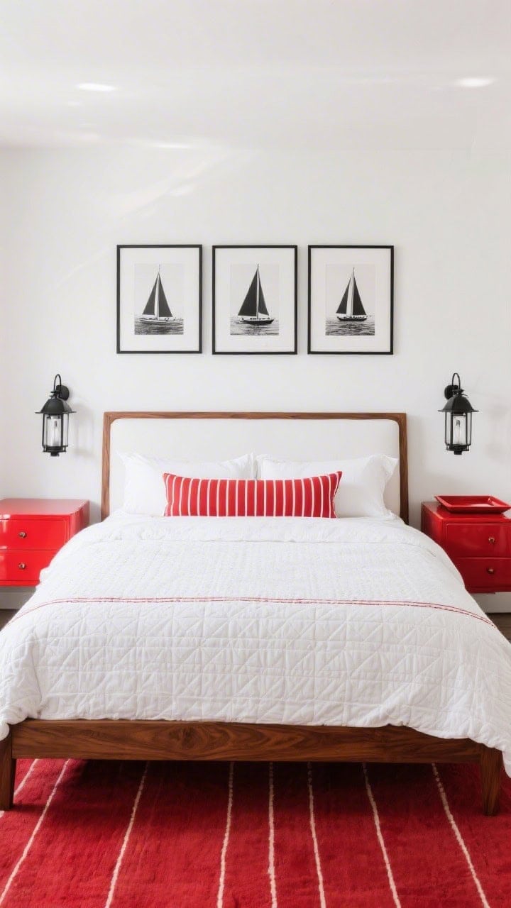 Medium, straight-on bed composition emphasizing red accents: pristine white-on-white bed with matelassé coverlet and percale sheets, a bold regatta red striped bolster centered; thin red-stripe rug under the walnut bed frame; matte black lantern sconces on either side; trio of black-and-white sailboat photos above the headboard; a glossy red lacquered tray on the nightstand; crisp lighting that feels refined yet punchy.