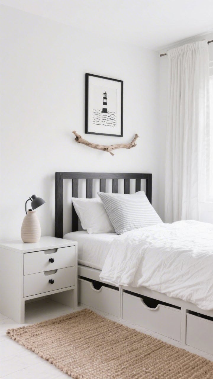 Medium straight-on composition: Minimal coastal monochrome kids’ room with soft white walls, slatted ash bed with crisp white crinkled cotton duvet, pale gray pillow with thin stripes, matte black hardware on a low-profile dresser, hidden storage bins tucked under bed, single driftwood branch mounted above the headboard, black-framed coastal line art beside the bed, ceramic lighthouse lamp on a streamlined nightstand, flatweave natural rug and airy linen curtains; palette white, sand, pale gray, inky black accents; serene, clutter-free daylight, photorealistic.