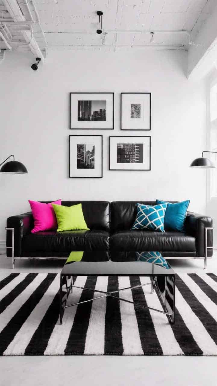 Medium, straight-on graphic monochrome loft: black leather sofa against stark white walls; neon electric pink, chartreuse, and cobalt geometric-print pillows as bold accents; glossy black metal coffee table reflecting urban edge; grayscale gallery wall; high-contrast black-and-white striped rug underfoot; crisp modern lighting; photorealistic.