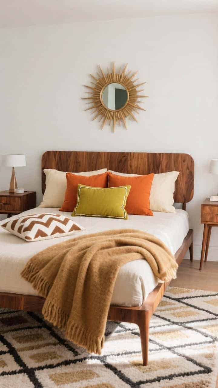 Medium, straight-on mid-century mod suite: warm walnut headboard, splayed-leg nightstands, vintage sunburst mirror, geometric rug. Pillows: two cream Euros, two burnt orange shams, chartreuse lumbar with piping, plus two walnut-and-white chevron patterned pillows. Camel wool blanket folded tight at the foot. Bright, balanced daylight for a retro-cool look.