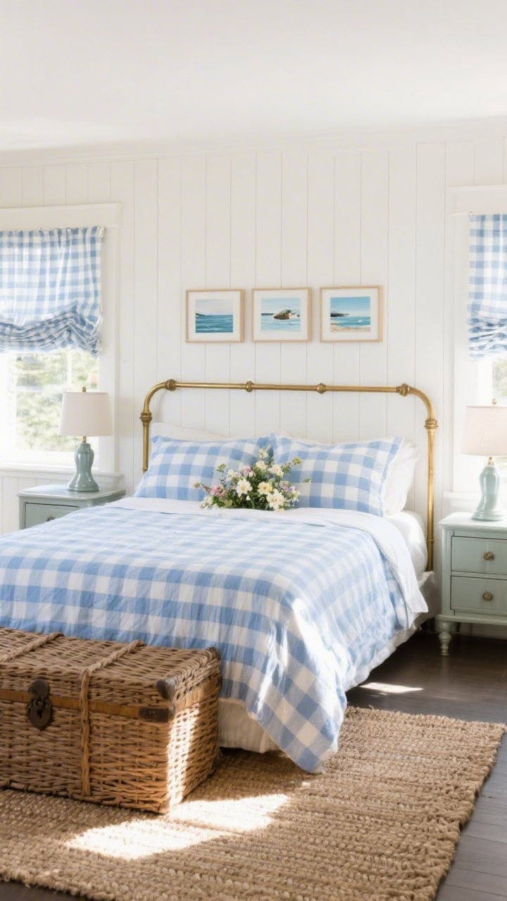 Medium, sunlit cottage-prep wall view: creamy white beadboard behind the bed; bedding layered with sky-blue gingham checks and a tiny floral mix; shaker nightstands, enamel bedside lamps; woven trunk at the foot; striped Roman shades filtering light, braided jute rug below; brushed brass gallery rail displaying small seascapes; friendly, airy, beautifully tidy mood.