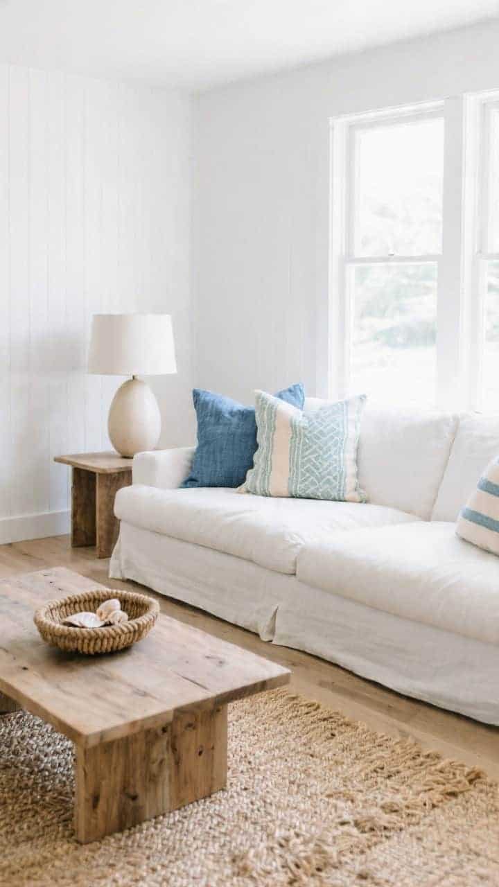 Medium-wide coastal modern living room, crisp white walls, slipcovered white sectional, pale oak floors. Pillow mix features ocean-blue linen, sand-striped cotton, and a subtle seafoam ikat accent. A seagrass rug grounds the space; a chunky eggshell ceramic lamp on a side table; low maple coffee table with a rustic rope bowl holding a few shells. Soft daylight from a large window, breezy and calm, focusing on linen, cotton, seagrass, and raw wood textures; no overt beach motifs.