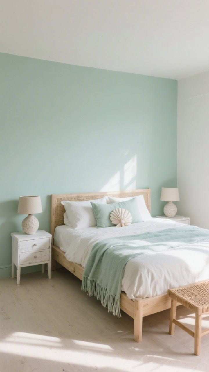 Medium-wide corner angle of an airy bedroom bathed in morning light: walls painted soft sea-glass green, pale oak bed frame, linen duvet in oyster with seashell-toned pillows and a fringed mint throw; whitewashed nightstands topped with textured ceramic lamps, simple rattan bench at the foot of the bed; gentle shadows, soft sunlit minimalism with pale oak and linen textures.