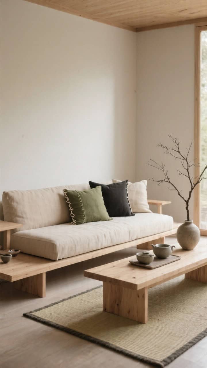 Medium Zen Japandi retreat: low, clean-lined oatmeal linen sofa with pillows in moss, charcoal, and natural linen with hand-stitched edges; light ash wood elements; stoneware tea set on a wide bench; tatami-style rug; a single branch in a ceramic vase; soft, diffuse natural light emphasizing calm, grounded depth; photorealistic.