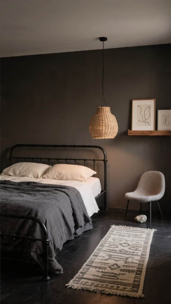 Minimalist bedroom, medium-wide shot with a clean-lined matte black iron bed frame against rich warm graphite walls. Stonewashed charcoal linens with a whisper-light ecru coverlet folded at the foot. A single oversized woven cane pendant hangs low, casting an intimate pool of light. Floating oak shelves hold framed abstract line art; a pebble-shaped accent chair sits nearby. A narrow runner rug in a faded kilim pattern breaks up the dark floor. Photorealistic, soft evening glow focused beneath the pendant.