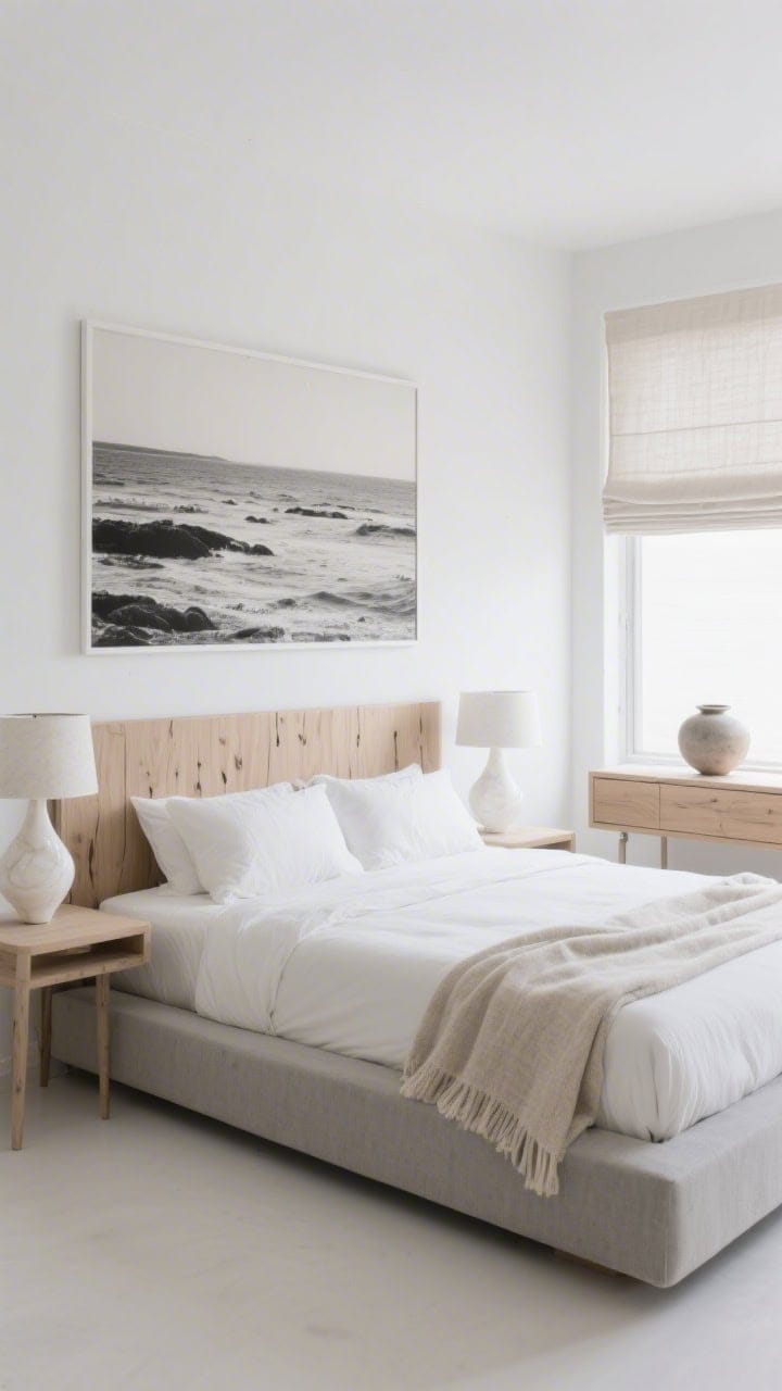 Minimalist coastal wide shot: strict palette of white, sand, and a touch of gray; sleek platform bed with a natural wood headboard showcasing visible grain; sculptural alabaster lamps on simple night tables; single textured throw on the bed; oversized black-and-white coastal photograph above; linen Roman shades on bare windows; a lone ceramic vessel on the dresser; calm, collected, photorealistic minimalism.