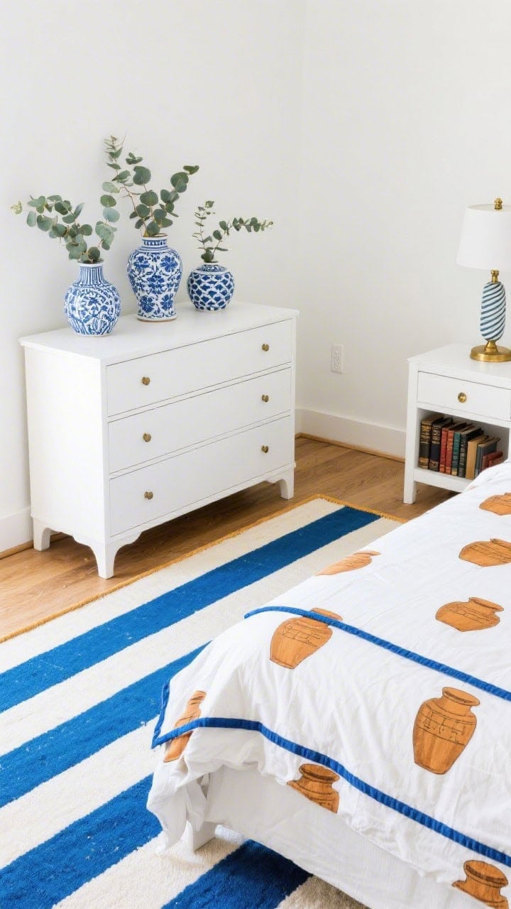 Overhead/detail hybrid shot highlighting pattern: bold blue-and-white striped rug anchoring the floor; white bed corner with shams in a ginger-jar print and a duvet with a crisp blue border; dresser surface displaying a trio of blue-and-white vases with eucalyptus; white bobbin nightstand edge with brass library lamp base visible; bright, cheerful, summery clarity.