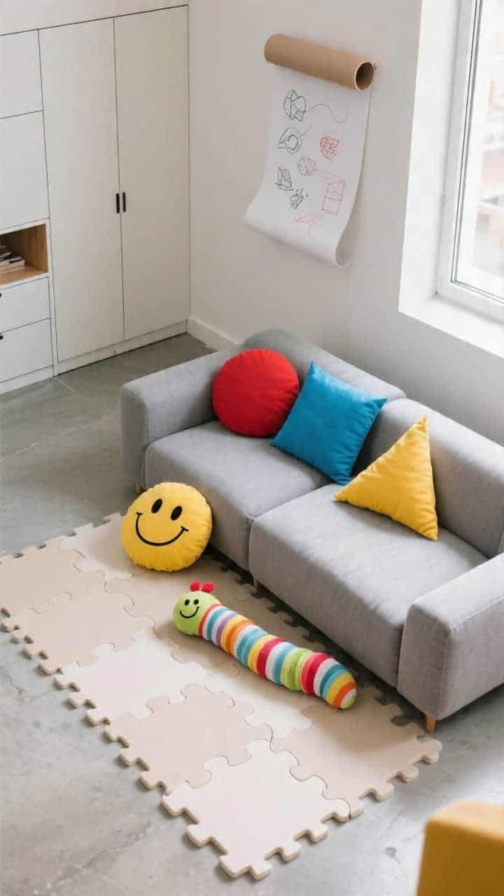Overhead detail shot: Low modular gray sofa on concrete floors beside a neutral-toned foam puzzle mat; bold primary-hued pillows arranged in playful shapes—red circles, blue squares, yellow triangles—joined by a smiley-face cushion and a striped caterpillar bolster; clean-lined, closed storage and a wall-mounted big paper roll for doodling at the frame edge; bright, clean daylight, photorealistic.