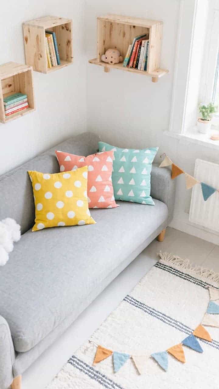 Overhead detail shot of a Scandinavian playroom reading nook on a cloud-gray sofa: patterned pillows with cheerful Scandi dots and tiny triangles in butter yellow, mint, coral, and sky blue, anchored by one oversized polka-dot pillow; white walls, maple cubbies and birch book ledges nearby; cotton flatweave rug with a subtle stripe and a felt pennant garland partially in frame; bright, even daylight; tidy yet playful; photorealistic.