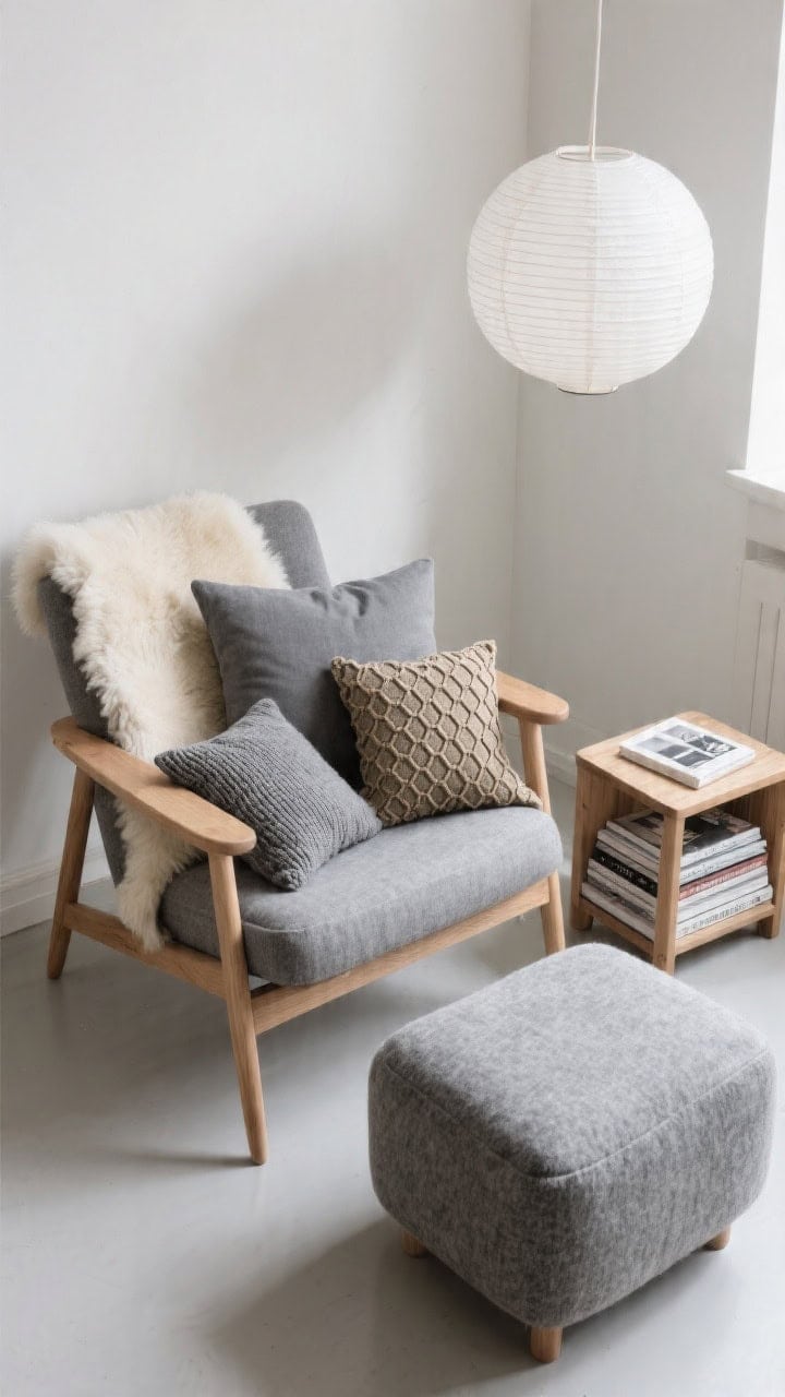 Overhead detail shot of a Scandinavian reading nook palette: light oak lounge chair with sheepskin draped over the back, soft gray wool ottoman, and a petite ash side table with stacked design books. Cluster of stone-gray monochrome pillows on the chair and ottoman—heathered knit, honeycomb weave, and a slick twill lumbar—emphasizing tactile variation. Paper lantern pendant casting soft, even white light; calm, minimal, tactile atmosphere; photorealistic.