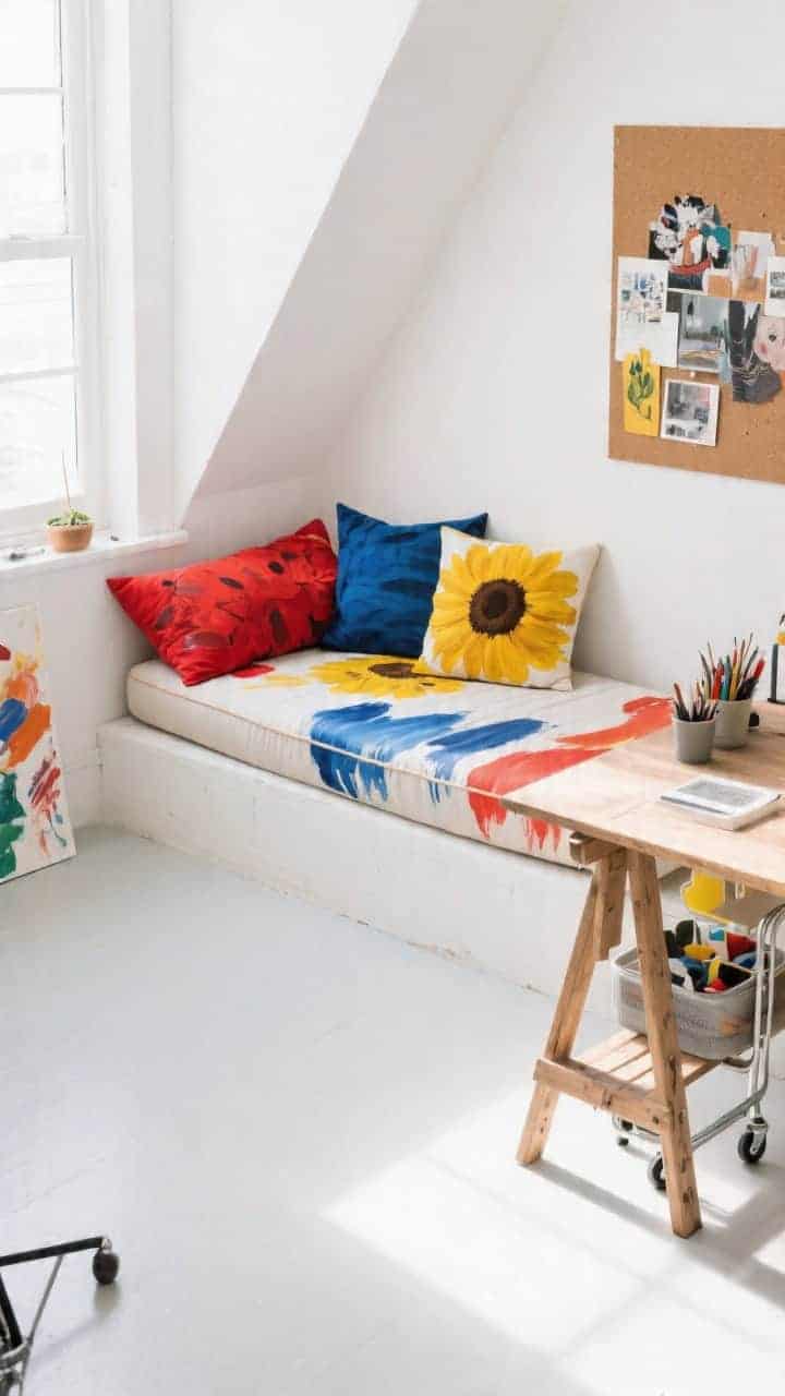 Overhead detail shot of artsy studio daybed: white walls backdrop, low futon/daybed styled with poppy red, cobalt blue, and sunflower yellow pillows in painterly brushstroke patterns; nearby sawhorse desk edge with a rolling cart of supplies; corkboard collage partially visible; bright studio daylight; playful and creative; photorealistic.