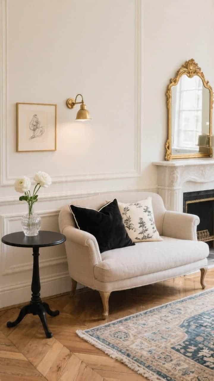 Photorealistic medium shot, Parisian petite elegance: flax linen petite sofa against cream walls with high baseboards, vintage gold mirror above a mantle shelf, black bistro side table. Pillows: one 18" black piped linen square, one 18" cream-and-ink toile square, one 11"x19" micro-corduroy lumbar in soft dove. Lighting: petite brass picture light over framed sketches. Flooring: herringbone wood with a small Persian rug layered at an angle. White ranunculus in a small crystal bud vase. Refined, softly lit ambiance, no people.