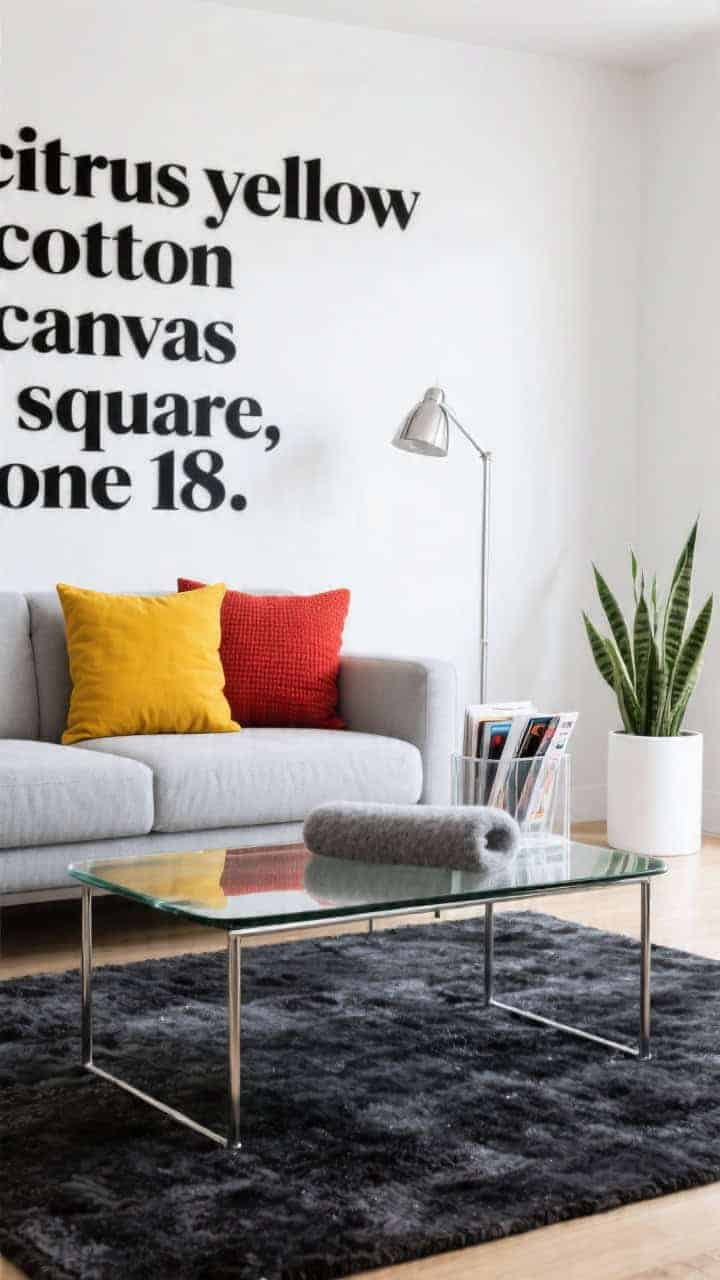 Photorealistic wide shot, contemporary color pop: clean-lined light-gray small sofa on a charcoal rug, glass-and-chrome coffee table, crisp white wall with bold typographic print. Pillows: one 20" citrus yellow cotton canvas square, one 18" tomato-red textured slub square, and one 12"x22" cool gray felt lumbar. Chrome floor lamp, acrylic magazine rack, ZZ plant in a white cylinder pot. Even bright lighting, energetic yet balanced symmetry, no people.