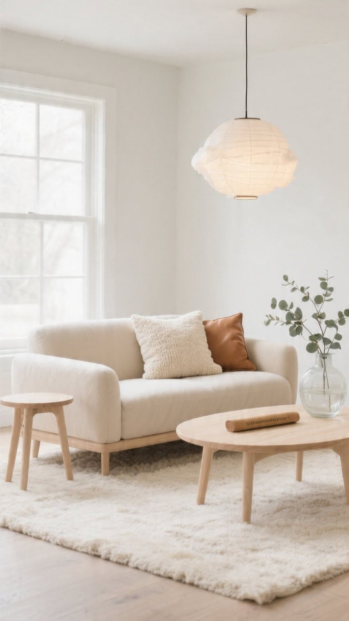 Photorealistic wide shot, soft Scandinavian neutrals: petite light-beige sofa on a creamy wool rug, pale maple side tables, bleached oak rounded-corner coffee table. Pillows: one 18" oatmeal boucle square, one 18" butter-cream cotton square, plus a thin 10"x22" camel leather lumbar. Accents: frosted glass vase with eucalyptus, paper lantern pendant casting cloud-like glow. Airy, bright scene with gentle natural light, minimal clutter, no people.