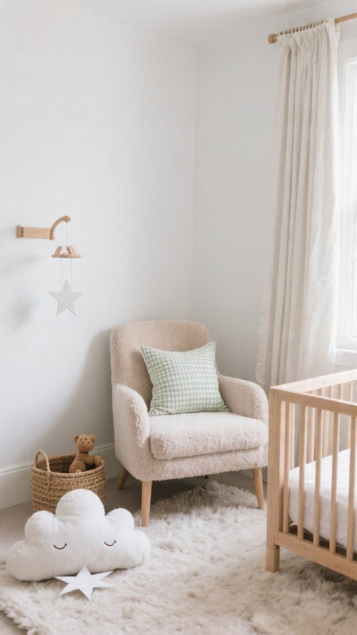 Soft, closeup corner shot of an arctic calm nursery: warm white walls, natural beech crib partially in frame, plush rug underfoot; reading chair styled with oatmilk cotton pillow, pale taupe teddy-texture lumbar, and a small sage gingham accent pillow; cloud-shaped floor cushion nearby; paper star mobile faintly visible, woven toy basket, blackout linen drapes; serene, cuddly, nap-approved daylight; photorealistic.