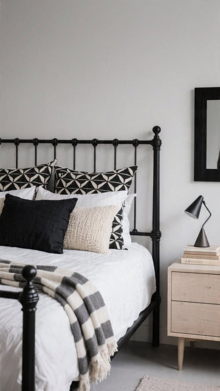 Straight-on, medium shot of a graphic monochrome Scandi bedroom: black spindle bed with crisp white bedding, pale ash nightstand; layered pillows with 26-inch euro shams in black-and-ivory geometric print at the back, a coal black linen standard pillow, and a cream bouclé lumbar in front; striped throw folded at the foot; cone sconce and a black-framed mirror above the nightstand, stacked neutral books; clean, dramatic yet restful lighting; photorealistic.