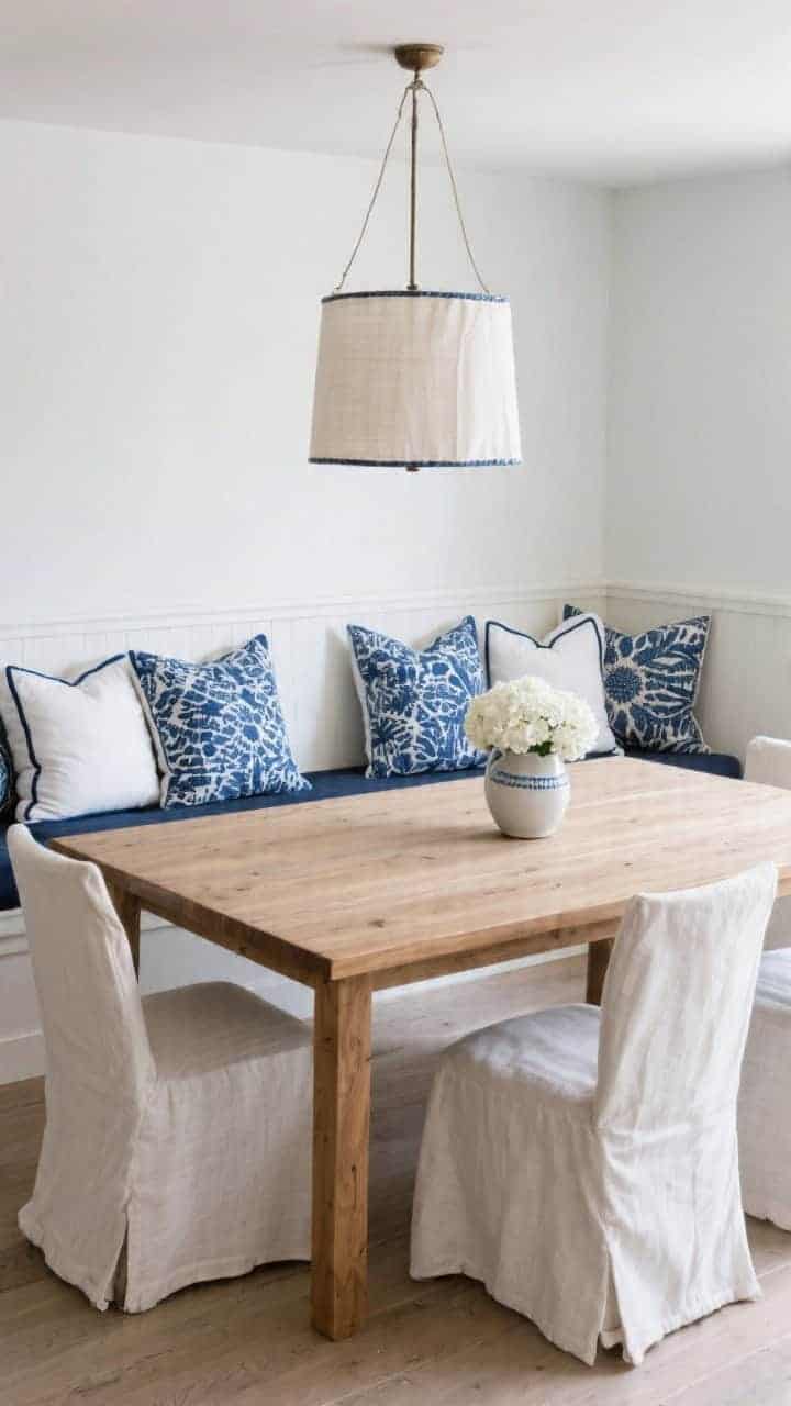 Straight-on medium shot of a refined coastal dining bench: built-in bench lined with indigo batik pillows alternating with crisp white pillows edged in navy piping. Sleek oak dining table centered; slipcovered host chairs at each end. Overhead linen drum pendant casting diffused light; glazed ceramic pitcher with white hydrangeas on the table. Clean, tailored mood with cotton, linen, and glazed ceramic textures evident.