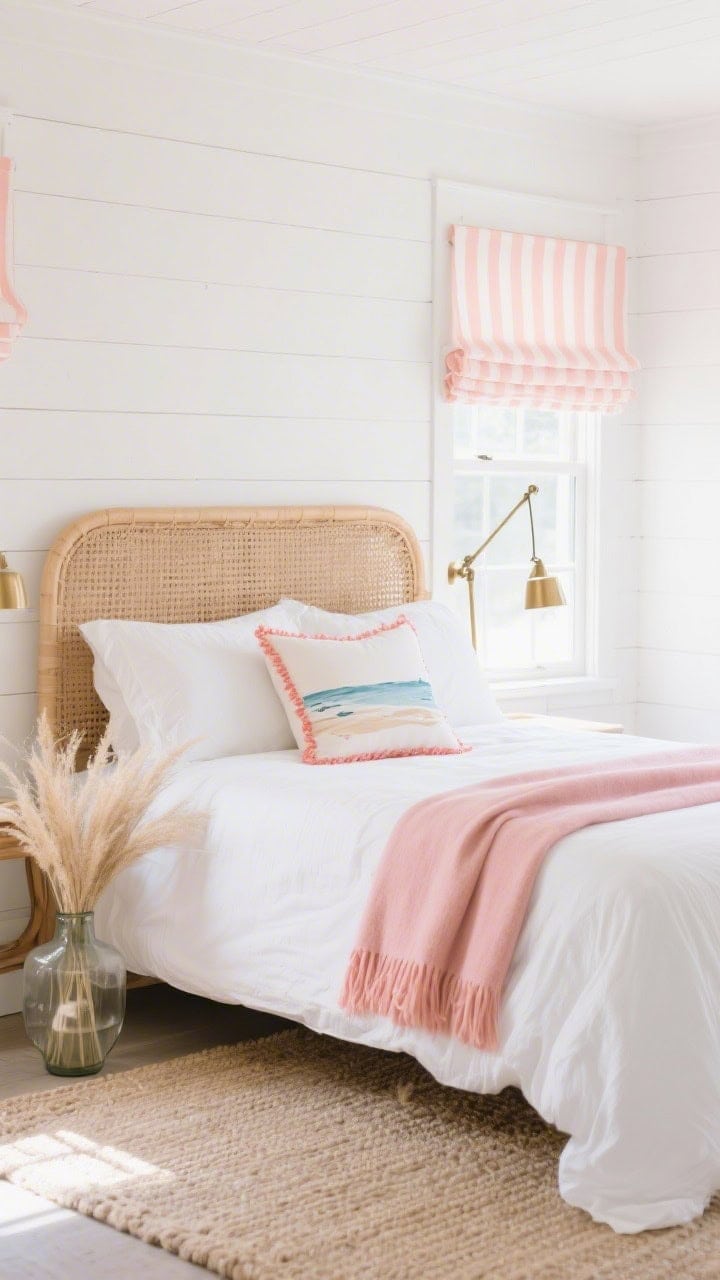 Straight-on medium shot of a subtle shiplap retreat: soft white shiplap walls; white linen bedding on a woven rattan headboard; restrained coral-pink accents—a blush throw, coral-trimmed pillow, and a small shoreline watercolor; pale coral stripe Roman shade at the window; slim brass swing-arm reading lights; oatmeal flatweave rug underfoot; a single glass vase with beach grass; soft morning light, fresh and feminine.