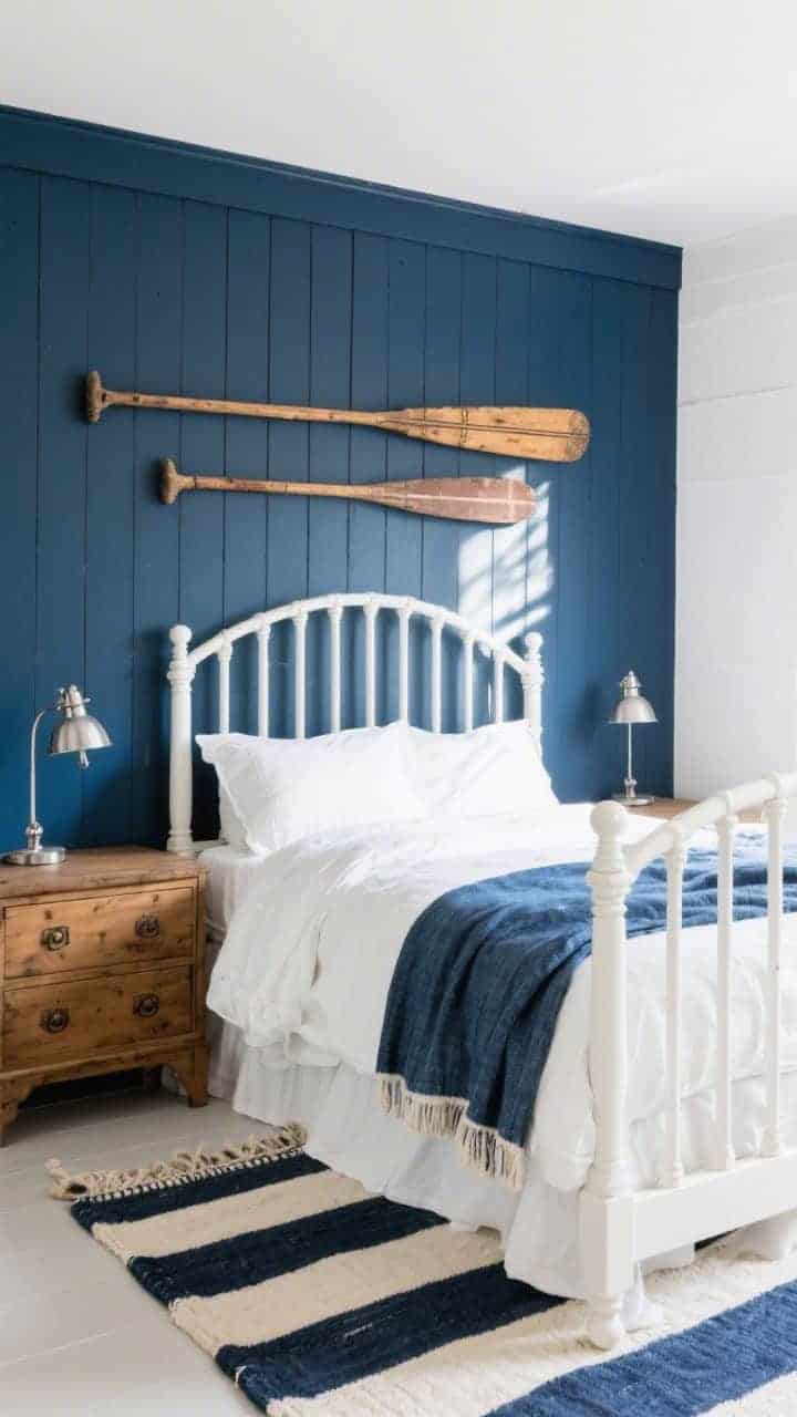 Straight-on medium shot with refined nautical touches: paneled sun-faded navy accent wall behind a white spindle bed dressed in crisp white and a navy chambray blanket; vintage wooden oars mounted above the headboard; sleek nickel bedside lamps; striped navy rug on the floor; washed oak campaign-style dresser; bright, coastal daylight with subtle shadows.