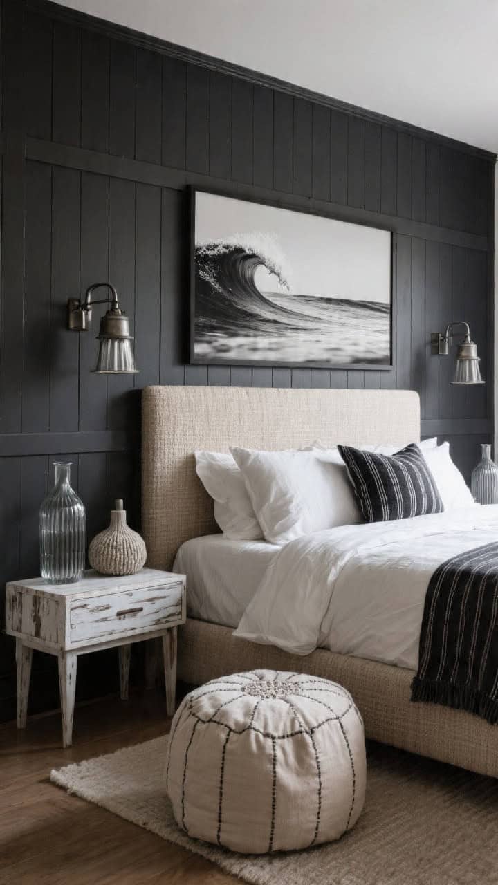 Straight-on medium-wide shot of a charcoal board-and-batten paneled wall behind an oatmeal tweed upholstered bed with a slim profile. Bedding features feather-soft duvets and charcoal ticking stripe pillows. Saltwashed nightstands (light wood with whitewashed patina) flank the bed; industrial metal sconces overhead. A large black-and-white surf photograph dominates the wall. Ribbed glass vases and a textured boucle throw pillow add depth; a low linen pouf sits at the foot of the bed. Photorealistic, moody ambient lighting with crisp highlights.