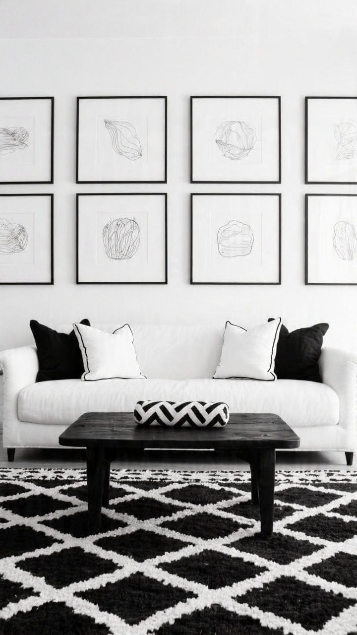 Straight-on wide shot, high-contrast monochrome: a crisp white sofa before a gallery wall of black-framed line drawings; black wood coffee table and a black-and-ivory Moroccan trellis rug beneath. Pillows: two 24-inch white cotton with black piping at the ends, two 20-inch black linen squares, and a center black-and-white herringbone lumbar. Bright, even lighting; sharp graphic contrasts; no additional colors introduced.