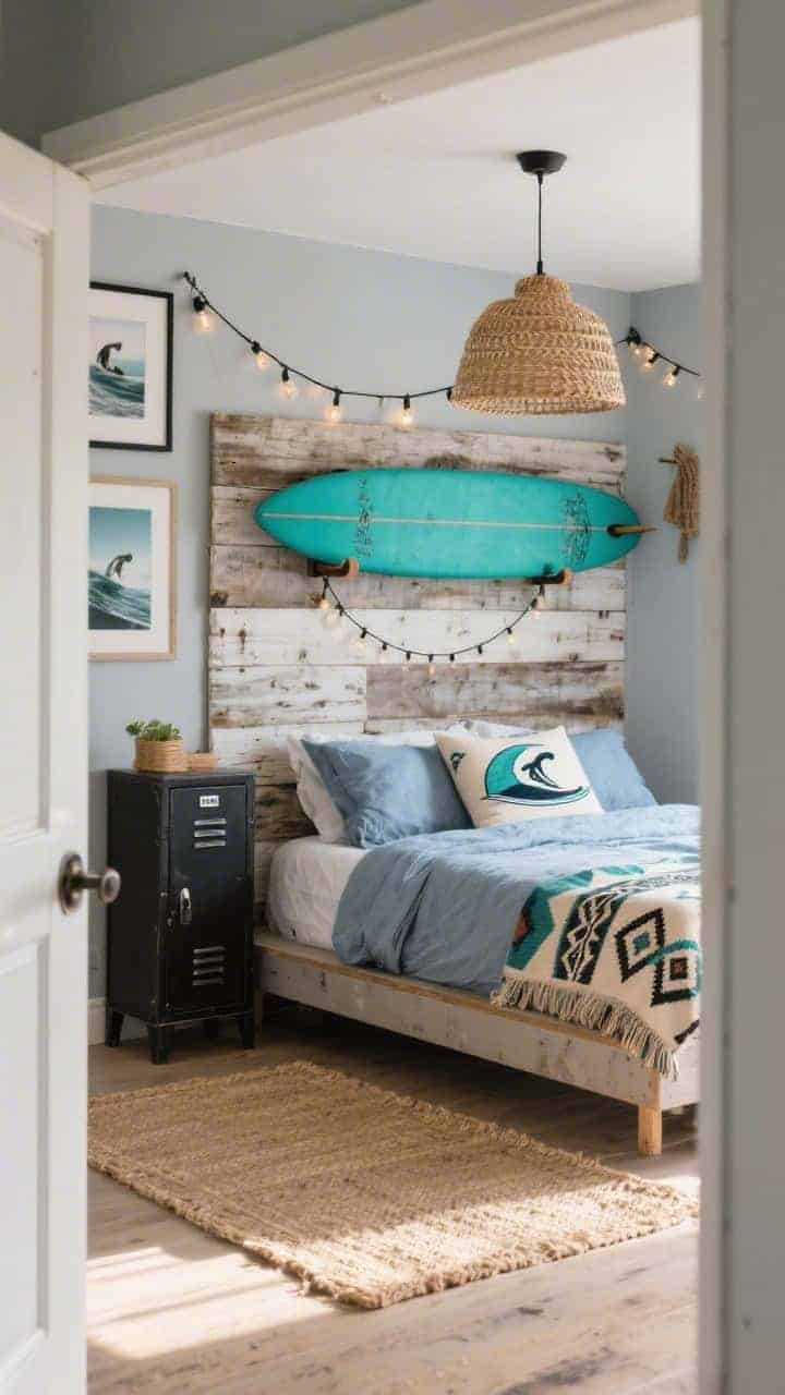 Wide angle from doorway: Surf shack cool bedroom with light gray walls and a weathered wood accent wall behind a low platform bed, chambray bedding, geometric kilim throw, surfer-print cushions, a vintage-style locker nightstand in matte black, wall-mounted surf rack holding a teal surfboard, string lights draped casually, framed surf photography, woven pendant lamp overhead, jute or sisal rug on sun-bleached tan floors; palette driftwood gray, ocean teal, tan, black accents; late-afternoon natural light with a relaxed, cool-kid vibe, photorealistic.