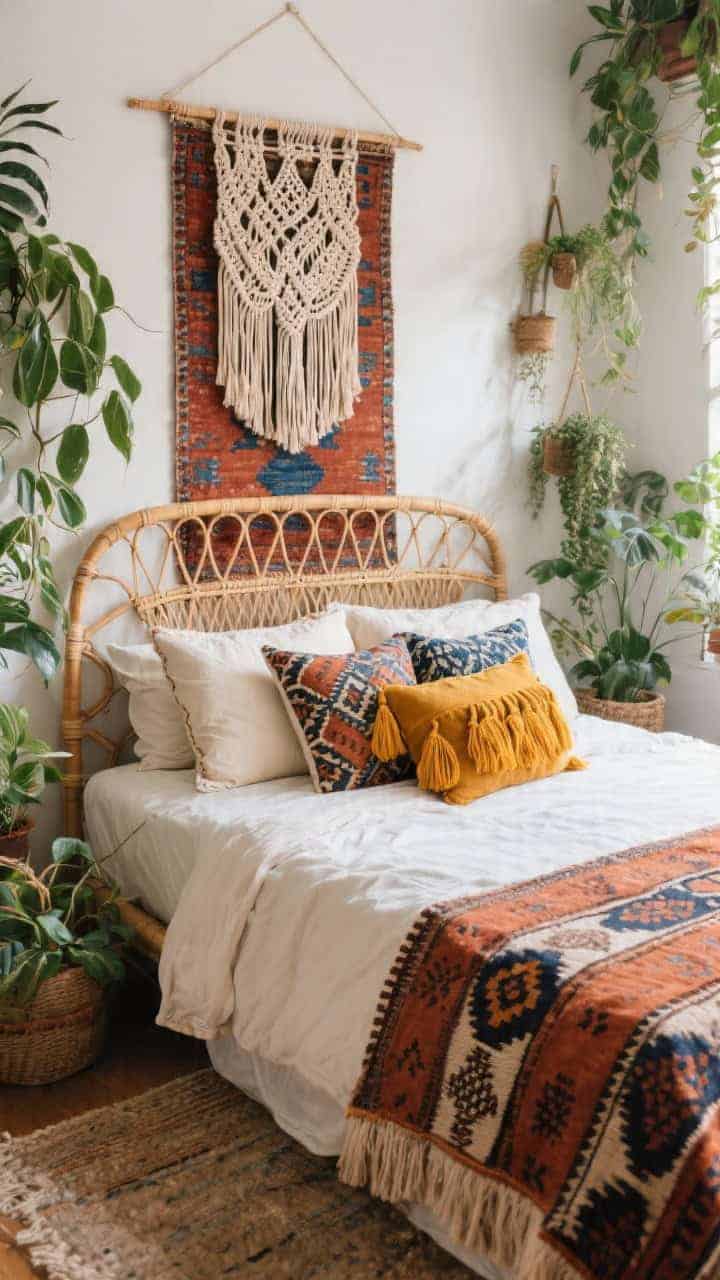 Wide, boho boutique bedroom from a diagonal angle: rattan headboard, macramé wall hanging above, vintage rug in rust and cobalt, abundant plants. Pillows mixing prints and trims: two ivory Euros as calm base; two block-printed shams in terracotta and navy; long kilim lumbar centered; two marigold tasseled pillows. Natural daylight with layered textures prominent.