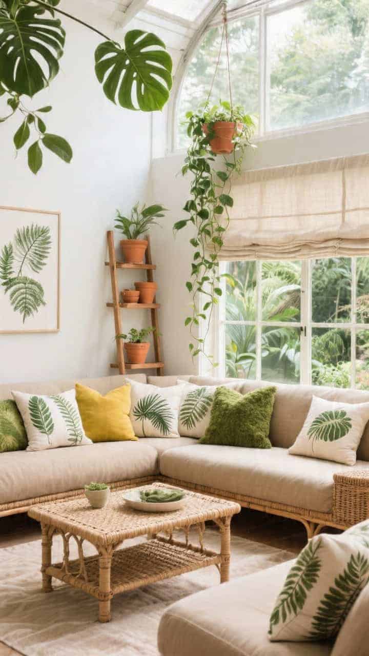 Wide botanical glasshouse sitting room flooded with natural light; seating in soft khaki/mushroom tones; scatter of botanical-print pillows featuring ferns, palms, oversized leaf sketches, layered with moss green and chartreuse solids; woven bench used as coffee table; terracotta pots on a ladder shelf; linen roman shade; light oak and wicker accents; a trailing pothos/monstera adding movement; airy garden-meets-gallery mood.