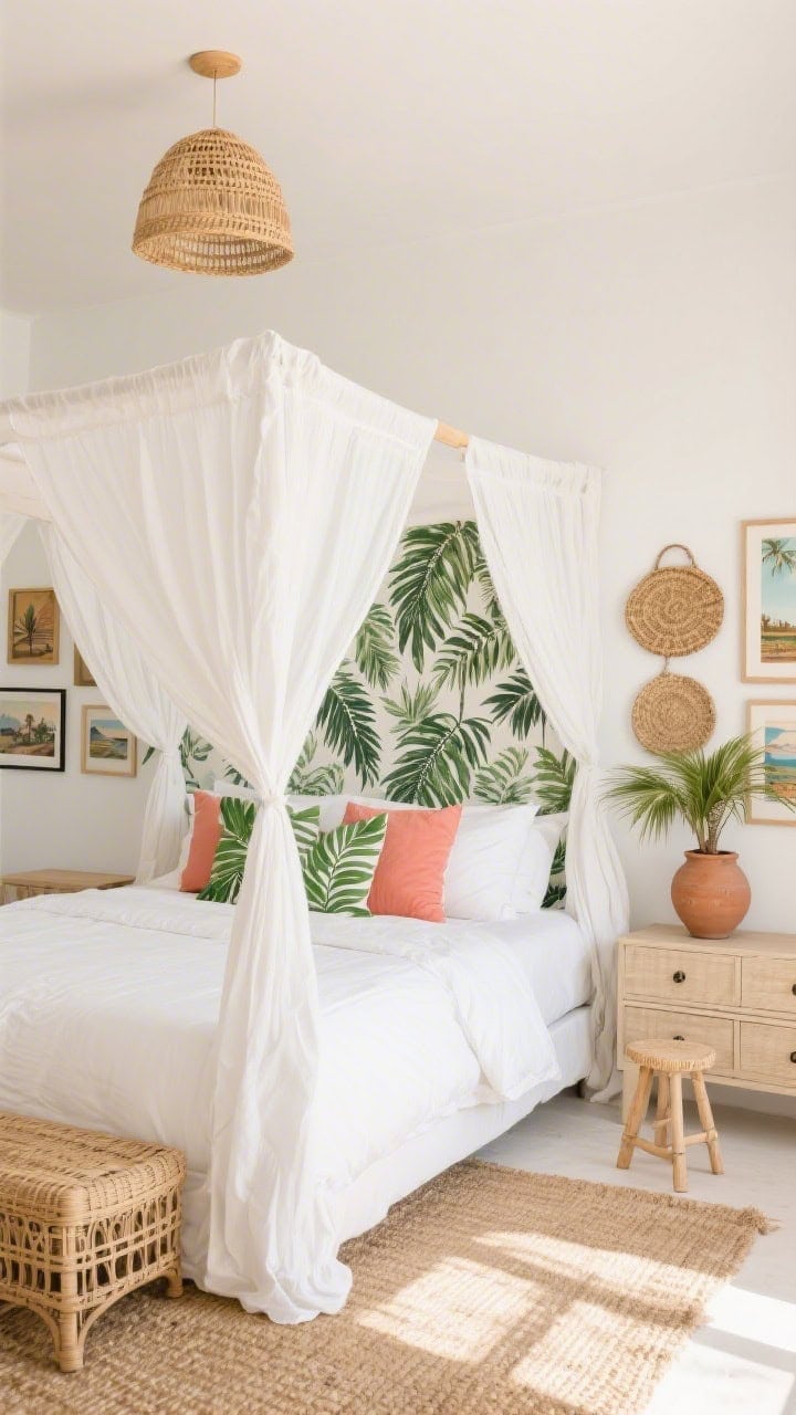 Wide, breezy canopy focus: Warm white walls with a bold palm-print wallpaper accent behind the bed, white linen canopy bed with airy curtains moving slightly, crisp white bedding accented by leafy green and coral pillows, light rattan dresser and stool to one side, natural sisal rug covering the floor, woven pendant light overhead, a clay pot housing a palm, travel-inspired prints and woven baskets on the wall; bright vacation-like daylight.