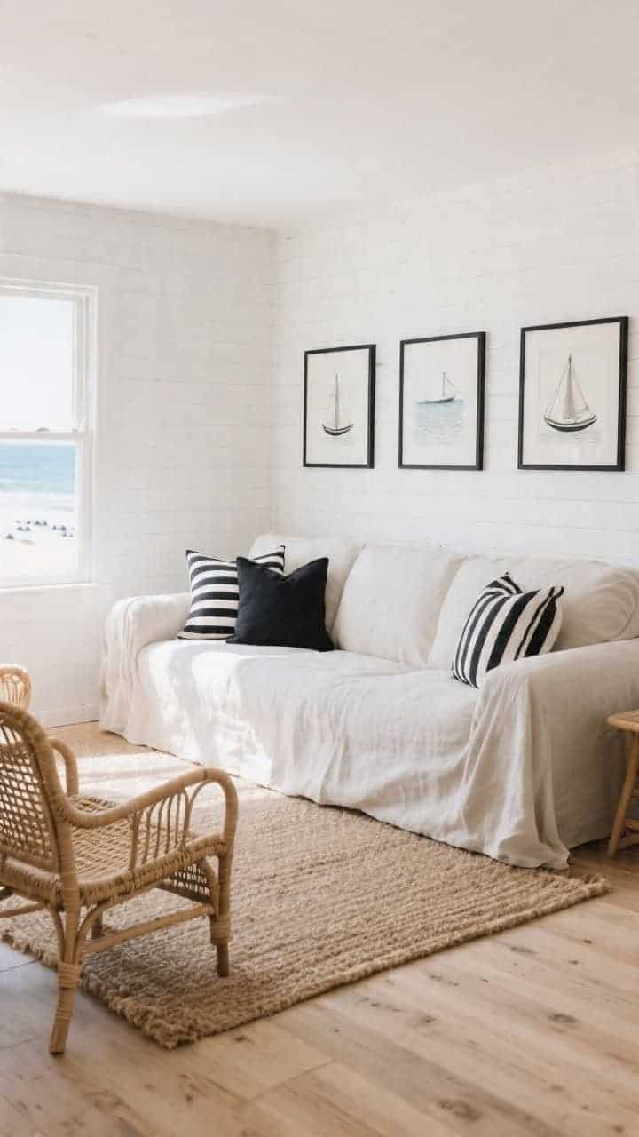 Wide coastal living room with white shiplap walls, bleached oak floors, and a deep linen slipcovered sofa layered with black-and-white ticking stripe pillows anchored by one ink-black linen pillow; jute rug underfoot, rattan armchairs nearby, nautical prints in black frames on the wall; airy beach light, slightly elevated perspective from the room’s corner, photorealistic.