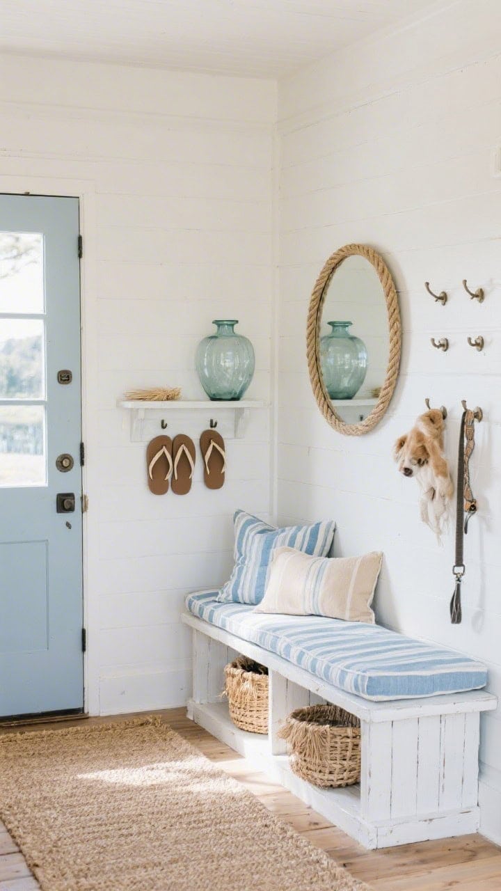 Wide, corner-angle coastal entry: whitewashed bench with cane details, layered striped cushions in sky blue and sand, round rope-framed mirror above shaker pegs, jute runner on the floor, chunky glass vase on a small console or peg shelf, sea grass baskets for flip-flops and dog leashes; palette of misty blue, sand, bleached oak, crisp white; soft sunwashed morning light for an airy, relaxed cottage feel.