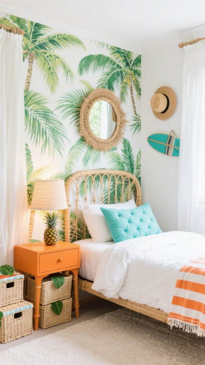 Wide corner view: Tropical palm party kids’ room featuring a striking palm-leaf wallpaper on one wall contrasted by bright white elsewhere, a caned bed frame with crisp white bedding, cheerful tangerine nightstand with simple pull, leafy duvet folded at the foot, tufted aqua cushion, lightweight cotton curtains fluttering slightly, raffia mirror above the nightstand, pineapple lamp glowing softly, woven storage cubes stacked neatly, striped beach-towel throw casually draped, surf hat wall display; vibrant daylight, summer-all-year energy, photorealistic.