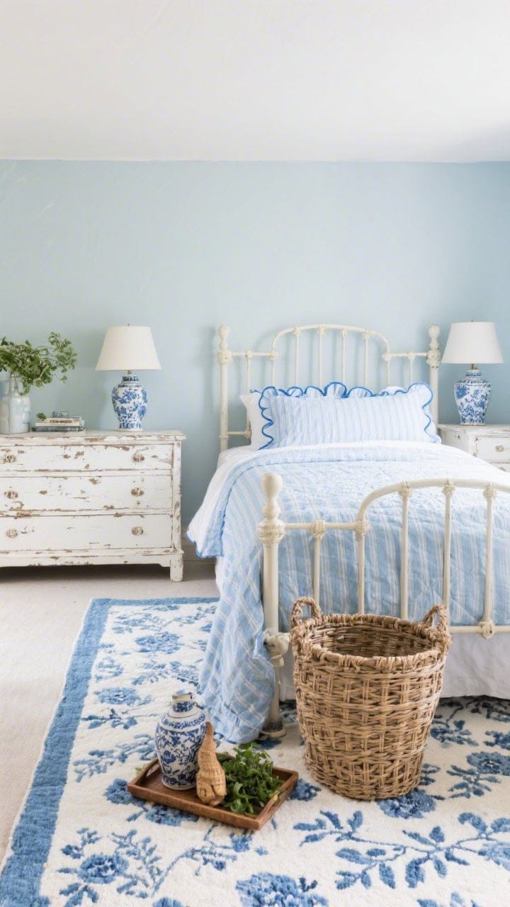 Wide, cottage-chic bedroom view: painted spindle beds with blue ticking stripe bedding, scalloped quilt in powder blue; Chinoiserie porcelain lamps on a chippy white dresser; blue-and-white rug in a small floral pattern; woven hamper and wicker trays styled with ginger jars holding fresh greenery; palette of powder blue, white, hints of indigo; light, charming, and pulled-together.