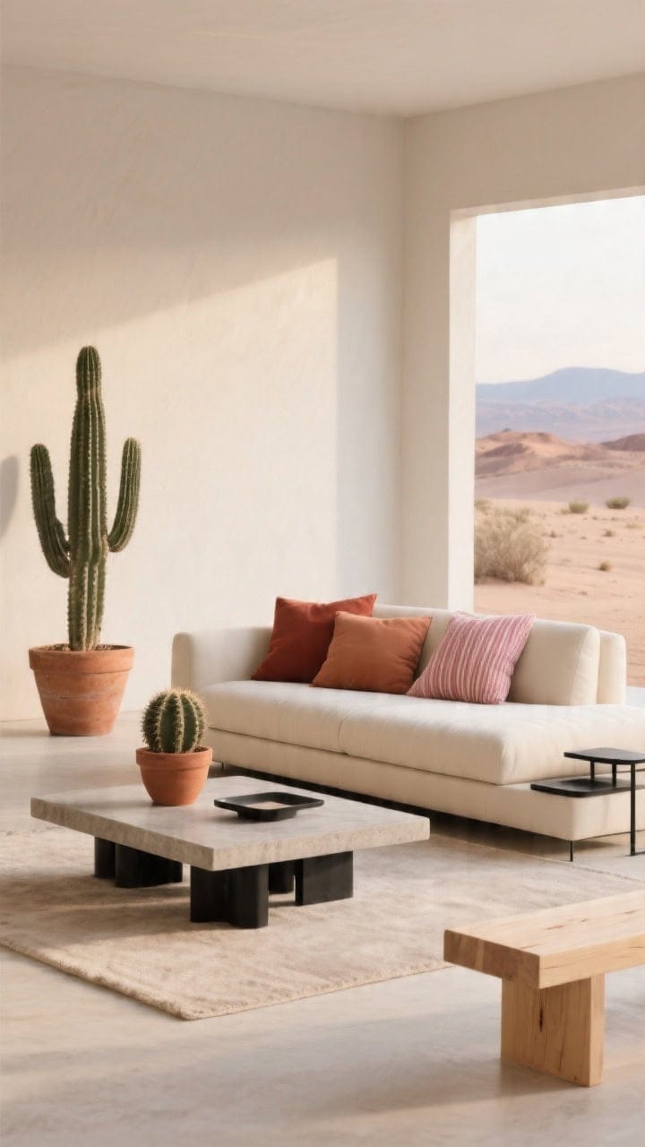 Wide desert modern minimalist scene: low-profile cream sofa with pillows in rust, adobe, and blush with subtle woven stripes; matte black metal accents; concrete coffee table; cactus in a terra-cotta pot; bleached wood bench; soft morning light for a restrained, warm palette; photorealistic.