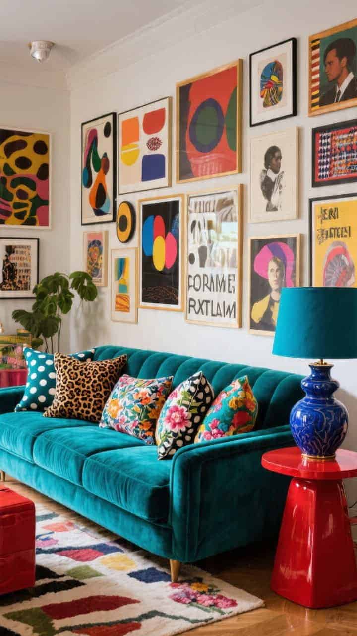 Wide eclectic maximalist living room: velvet teal sofa stacked with ikat, leopard, polka dot, and floral pillows in saturated tones; lacquered red side table; cobalt ceramic lamp; salon-style wall of art (abstracts, portraits, typography) behind; the pillows visually uniting the color riot; bold, energetic lighting; photorealistic.