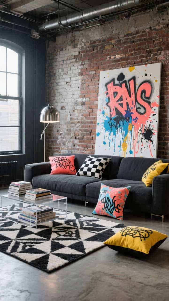 Wide, edgy urban loft scene with a charcoal sectional against exposed brick and concrete floors; a large abstract canvas leans casually; scatter graphic-print pillows inspired by graffiti—scribbles, block letters, paint-splatters—in neon coral, cobalt, and butter yellow on black-and-white bases, plus one bold checkerboard pillow; chrome floor lamp, acrylic side table with stacked art books; monochrome geometric rug; high-contrast industrial daylight; photorealistic.