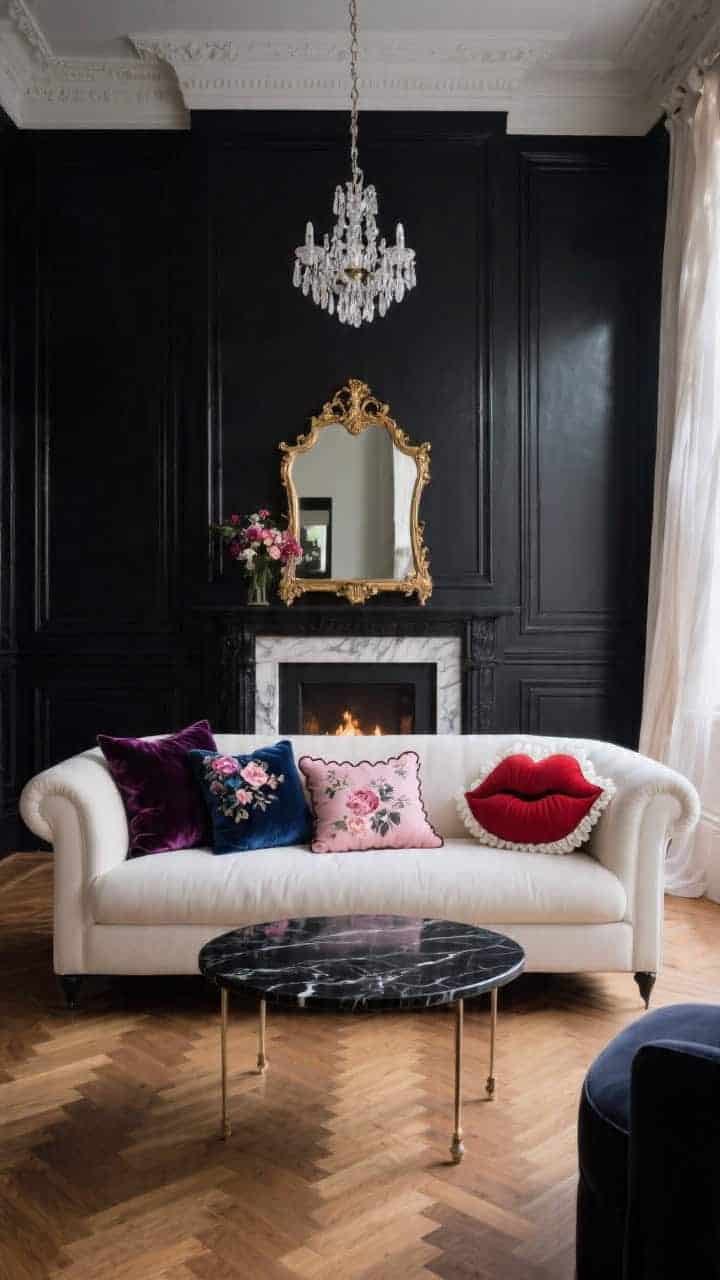 Wide, elegant sitting room, straight-on: Black paneled walls, cream tuxedo sofa, herringbone wood floors, and a gilded antique mirror leaning on the mantel; pillows provide the twist—velvet florals in deep plum and inky blue, a blush scalloped-edge cushion, and a crimson lips-shaped pillow; petite crystal chandelier dimmed; black marble coffee table with delicate legs; sheer drapery softening shadows; moody, romantic, photorealistic.