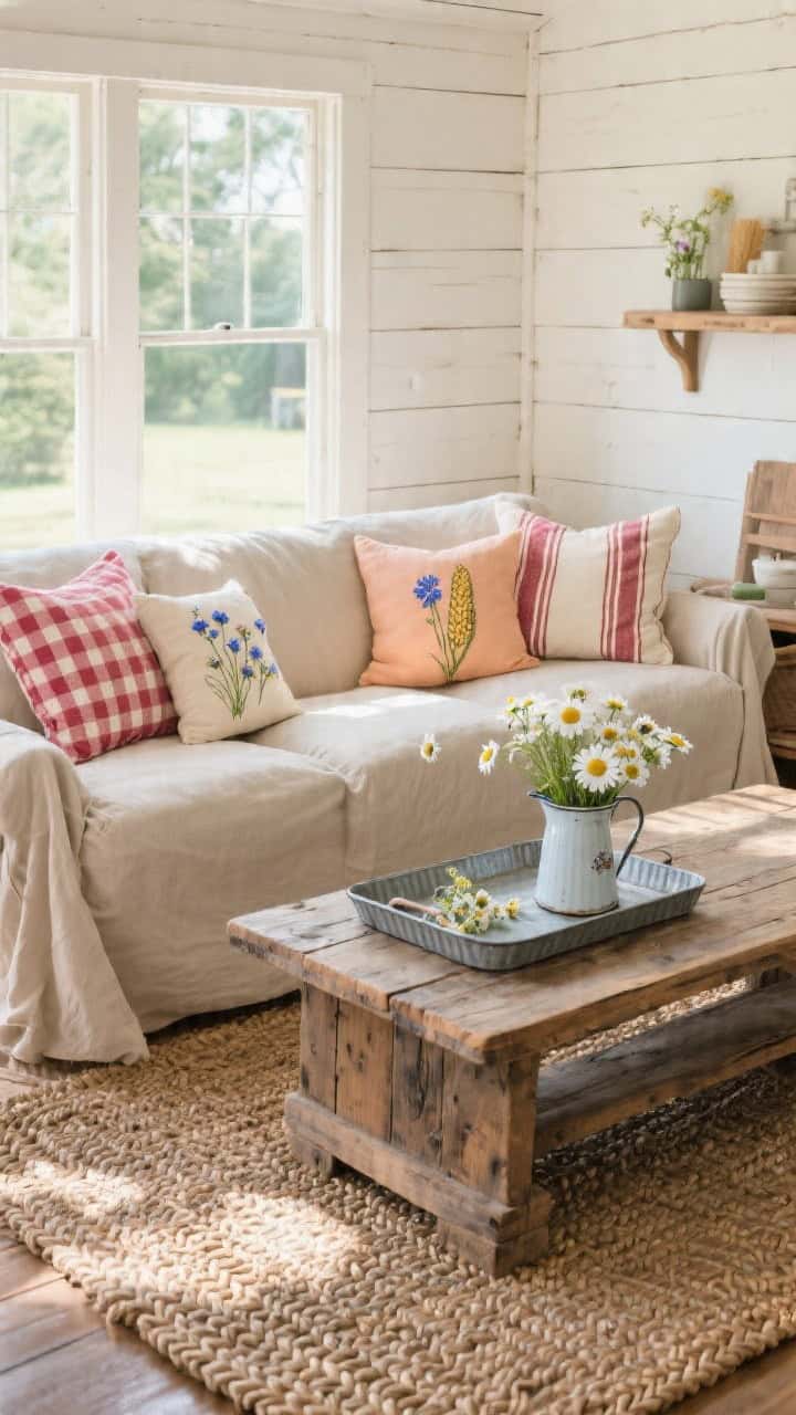 Wide farmhouse fresh living room: slipcovered sofa against shiplap walls with raspberry, apricot, and cornflower pillows featuring gingham, ticking, and tiny wildflower prints; reclaimed wood coffee table; braided rug; galvanized tray and enamel pitcher of daisies; sunny, wholesome farm-stand brightness; photorealistic.