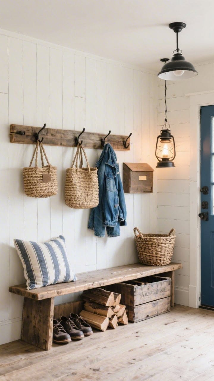 Wide farmhouse scene, straight-on: soft white shiplap along one wall, chunky reclaimed wood hook rail mounted with woven totes and a denim-blue jacket, sturdy farmhouse bench with a striped ticking cushion, vintage crate beneath for firewood/shoes, woven wall basket for mail, and a warm lantern pendant overhead; palette of cream, weathered oak, iron black, denim blue; cozy warm light for lived-in charm.