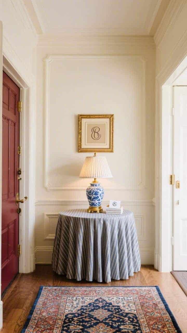 Wide, formal traditional entry captured straight-on: panel molding/picture-frame trim on cream walls, round skirted center table draped in tailored ticking or moiré fabric, topped with a blue-and-white ginger jar, classic brass lamp with pleated shade, small stack of monogrammed note cards, Persian rug underfoot; palette of cream, navy, brass, oxblood; soft, warm lamp glow plus gentle daylight for a gracious, forever-classic feel.