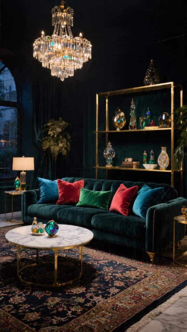 Wide, glam jewel-tone living room: deep charcoal velvet sofa piled with emerald, ruby, and sapphire velvet pillows; round marble coffee table; brass-framed shelving with curated objects; jeweled glass chandelier sparkling overhead; Persian-style rug in inky tones; evening indoor glow; luxe, dramatic, photorealistic.