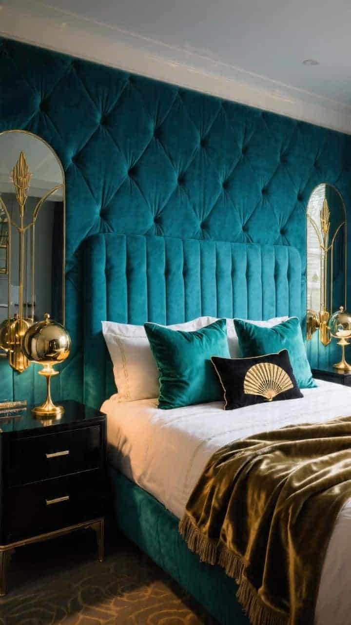Wide glamorous shot of an Art Deco jewel box bedroom: wall-spanning channel-tufted deep teal velvet headboard, smoked mirror nightstands, brass globe sconces, black lacquer dresser. Pillows: two teal velvet Euro shams, two ivory shams, trio of accents—fan-pleated emerald pillow, black-and-gold art deco print pillow, satin champagne bolster. A glossy throw at the foot catches light. Nighttime ambient lighting with brass glow.