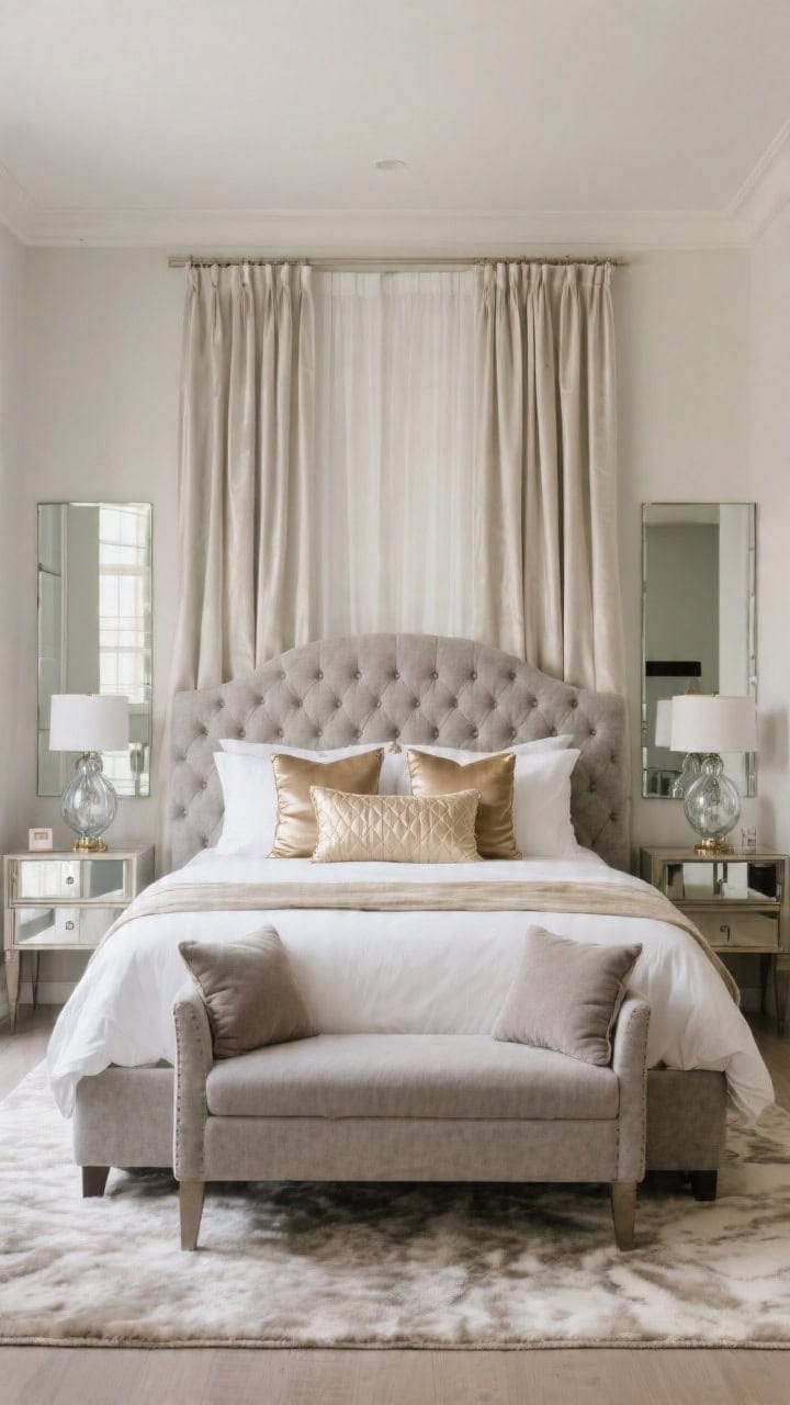 Wide, hotel-style primary suite, front view of a bed with a stone-colored tufted headboard and layered white percale bedding framed by pleated blackout drapes. Pillows include a long champagne satin bolster, two quilted taupe euro pillows, and a pair of soft gray cushions trimmed with cashmere. Mirror-topped nightstands with glass gourd lamps on each side; plush rug beneath. Soft, luxurious lighting emphasizing satin sheen, quilted cotton, cashmere softness, and reflective glass.