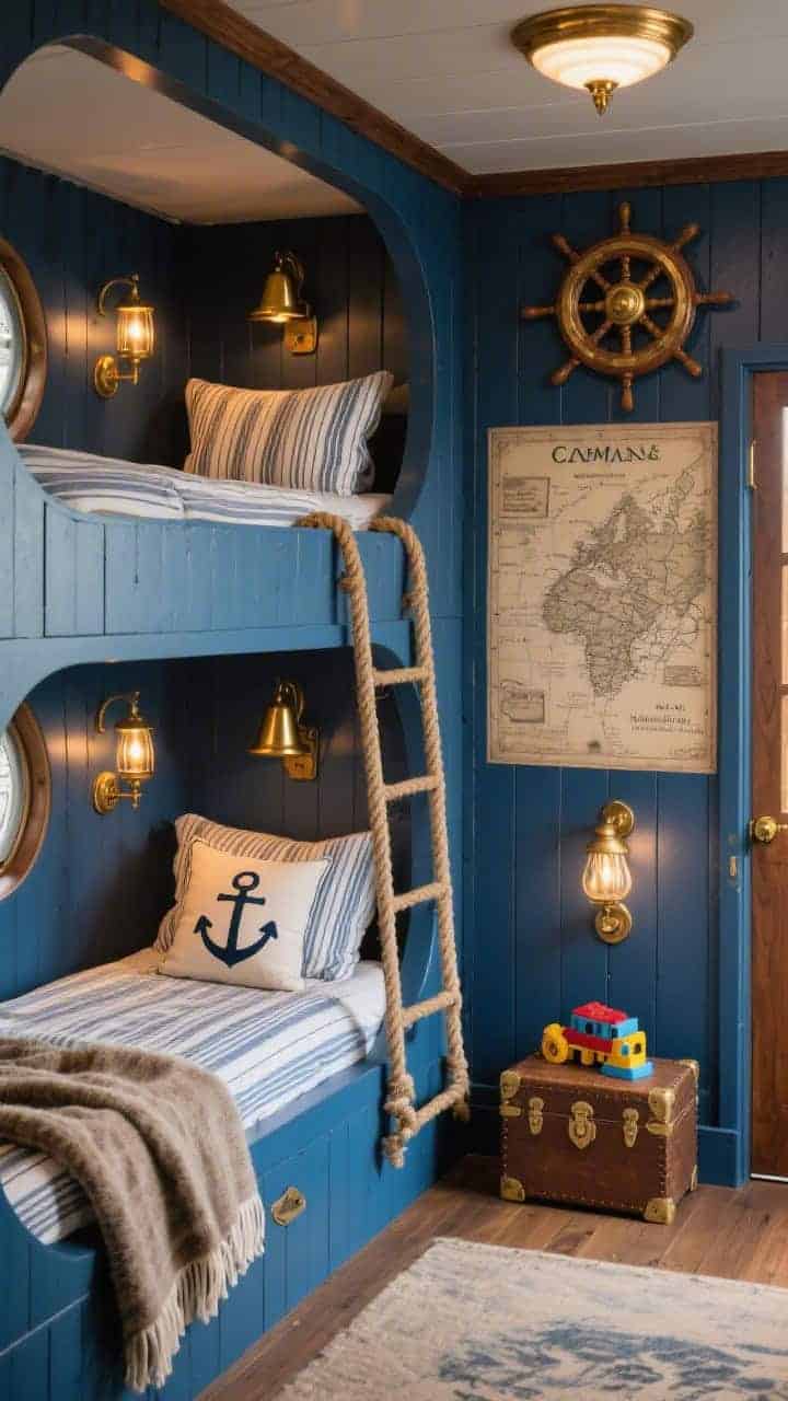 Wide immersive shot: Captain’s cabin adventure room with stormy blue beadboard walls, built-in bunks resembling ship berths with rounded cut-outs, rope ladder to upper bunk, individual brass reading sconces at each berth, ticking stripe linens, wool throw folded at foot, anchor-print pillow, vintage map mural along one wall, ship’s wheel mounted above a trunk-style toy chest, small brass bell by the door; warm nautical lighting with brass glow, practical yet adventurous mood, photorealistic.