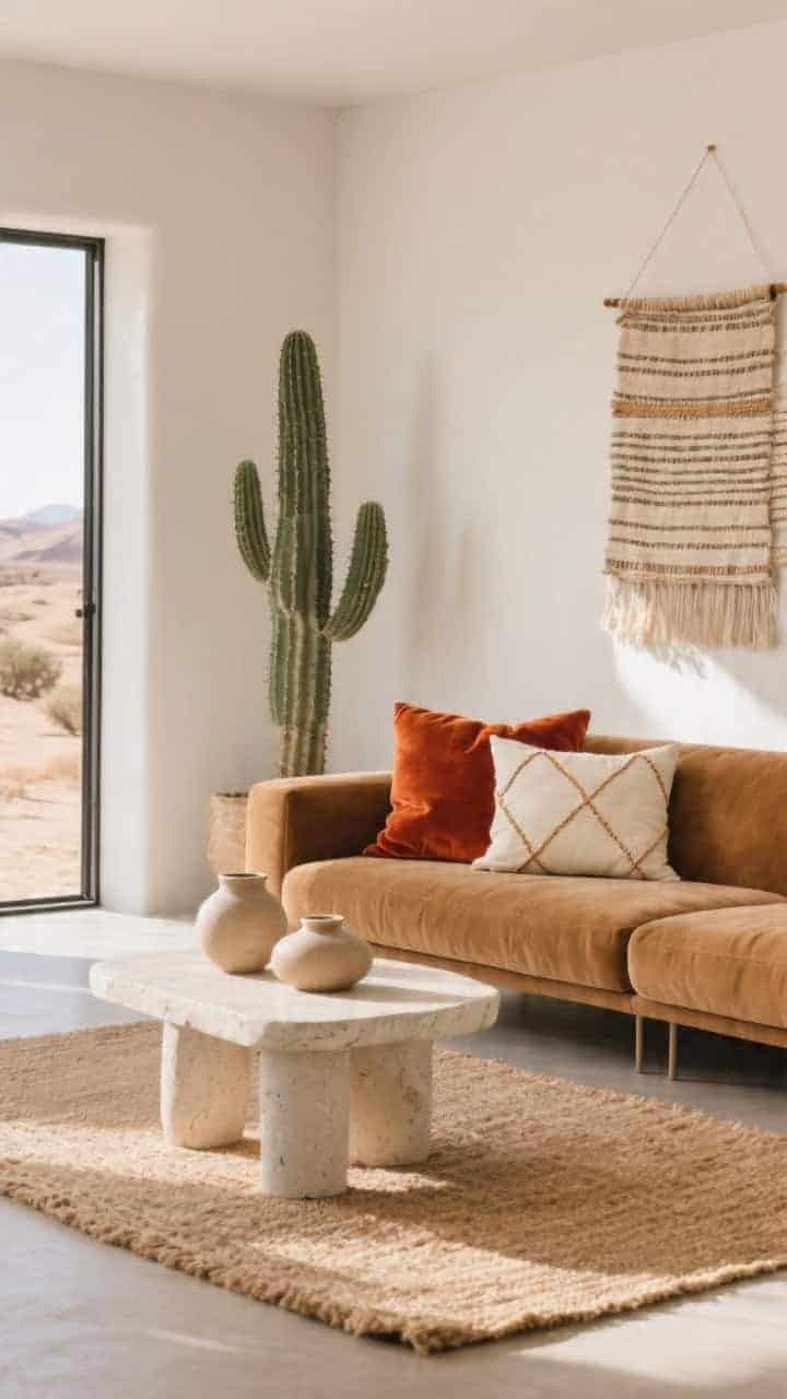 Wide living room with modern desert vibe: camel microfiber sofa, plaster side table, and a jute rug. Pillow mix includes terracotta velvet, rust suede, and a cream geometric lumbar with embroidered sand-colored lines. Chalky neutral ceramic vessels on the plaster table, a tall cactus in the corner, and a wall-hung woven textile. Soft, sun-washed natural light highlighting earthy tones and textures of velvet, suede, jute, and plaster; gallery-like calm.