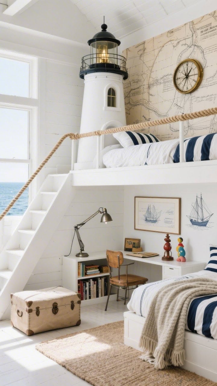 Wide loft perspective from corner: Lighthouse loft kids’ room with one wall wrapped in antique-style nautical charts and the others chalk white, a loft bed resembling a watchtower with jute rope rail along the stairs, below-loft reading/play area with canvas floor cushion and small bookshelf, metal task lamp at the desk nook, vintage-look trunk for storage, sailor-striped bedding, wool throw folded neatly, decor including lighthouse figurines, a compass wall clock, and framed ship blueprints; palette chalk white, map beige, navy ink, burnished brass; bright coastal daylight, adventurous yet scholarly mood, photorealistic.