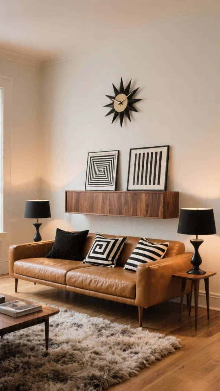 Wide mid-century den: low-slung camel leather sofa facing the viewer, wenge tapered-leg sideboard along the back wall, and a starburst clock above; on the sofa, three black-and-white pillows—two op-art prints and one bold horizontal stripe—unify the palette; shag rug underfoot and sculptural matte black lamps flank the seating; warm ambient light, corner angle, photorealistic.