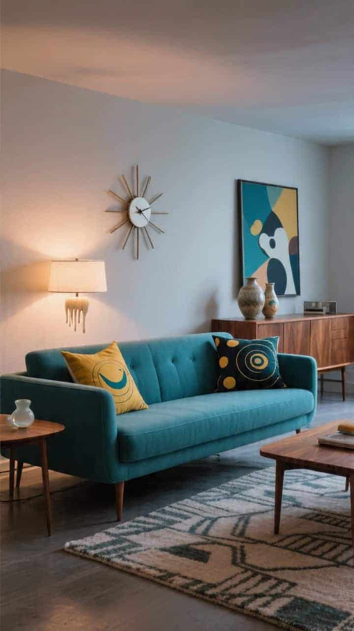 Wide mid-century mod living room shot: teal tapered-leg sofa, walnut credenza, starburst clock on the wall; style the sofa with atomic-patterned pillows—boomerangs, starbursts, orbit dots—in mustard, teal, and charcoal, plus one color-blocked pillow; opal glass table lamp, ceramic drip-glaze vases on the credenza, abstract print; low-pile rug with a subtle geometric; clean lines, retro-cool ambiance with soft evening glow; photorealistic.